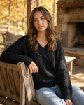 Hollow-Out Knit V-Neck Drop Shoulder Sweater - Kayla's Kloset