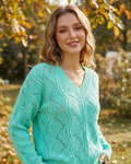 Hollow-Out Knit V-Neck Drop Shoulder Sweater - Kayla's Kloset