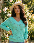 Hollow-Out Knit V-Neck Drop Shoulder Sweater - Kayla's Kloset