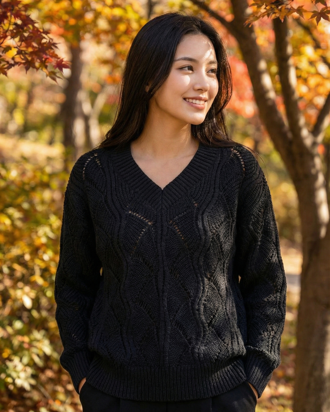 Hollow-Out Knit V-Neck Drop Shoulder Sweater - Kayla's Kloset