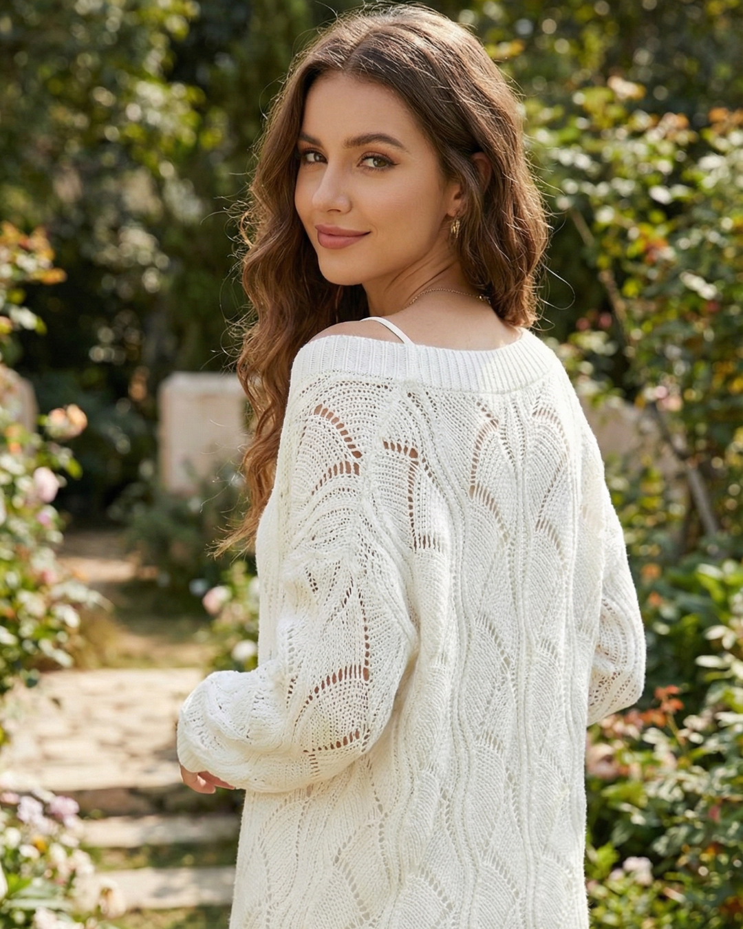 Hollow-Out Knit V-Neck Drop Shoulder Sweater - Kayla's Kloset