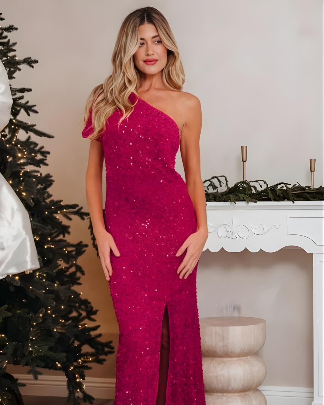 Sequin One Shoulder Thigh High Split Bodycon Gown - Kayla's Kloset